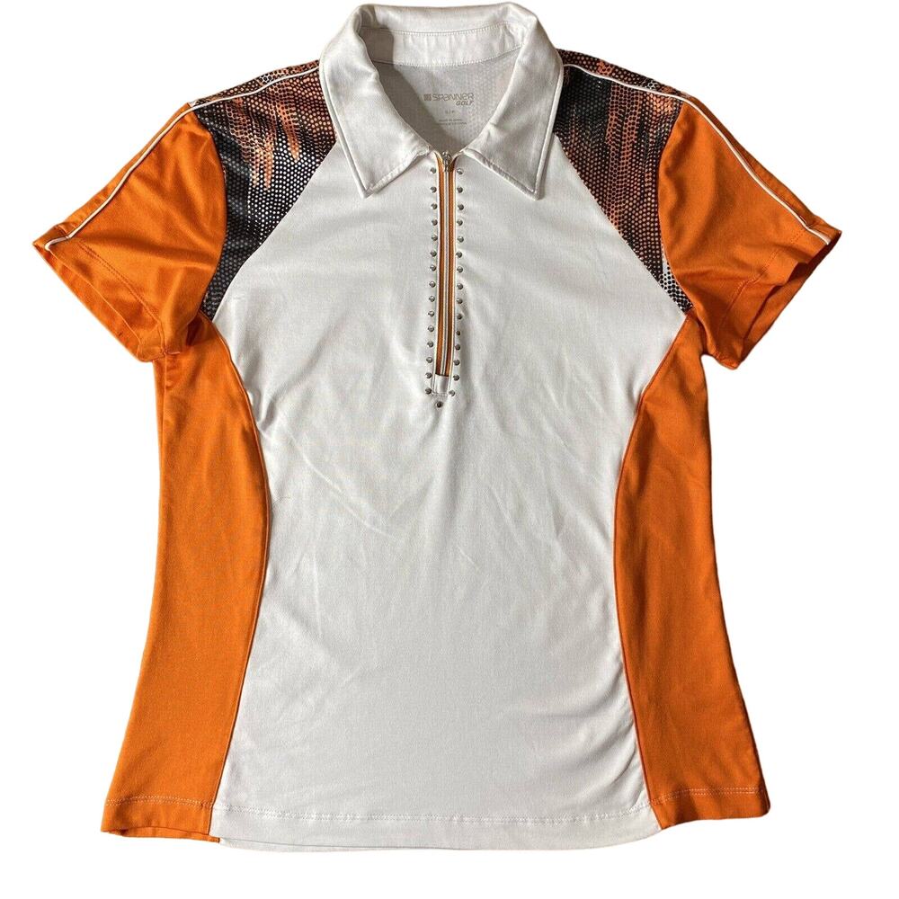 Spanner Golf Women’s Size Small Top 1/2 Zip Orange White Short Sleeves, Collar